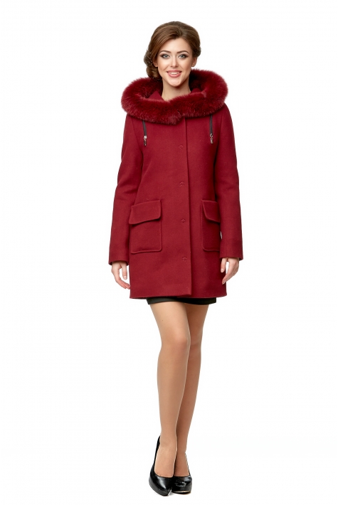 Женское пальто из текстиля с капюшоном, отделка песец 8008150
