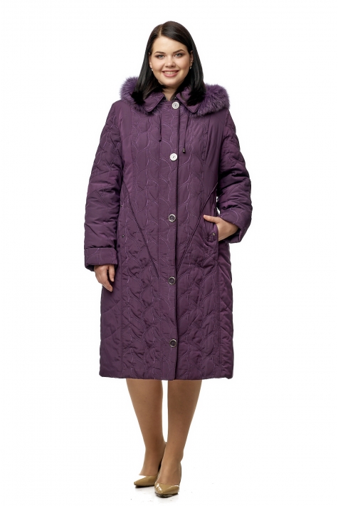 Женское пальто из текстиля с капюшоном, отделка песец 8010589